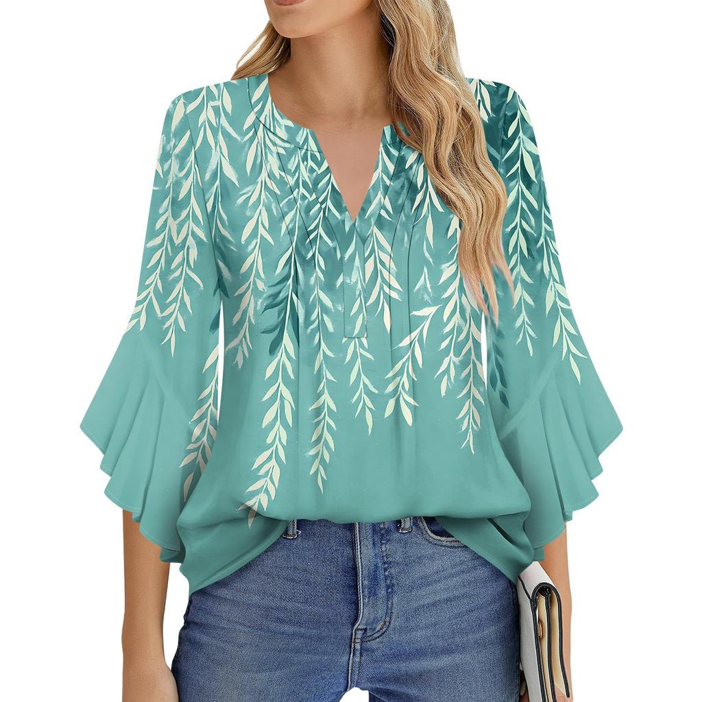 Women's Fashion Casual Pleated V-Neck Solid Color Three-quarter Sleeve T-Shirt Elegant Top