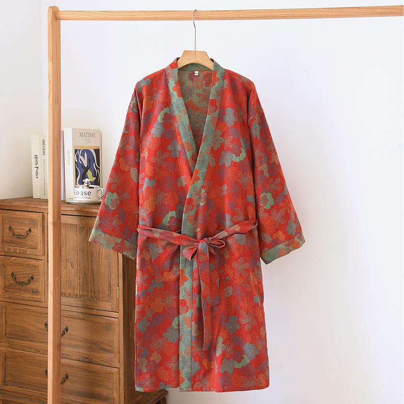 Damen Bademantel im Retro-Stil mit Blumendruck, gewebter Jacquard-Baumwolle, Kimono Yukata Homewear Roben, Nachthemd Bademäntel für Frauen