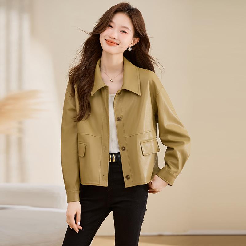 

Ретро армейско-зеленая кожаная куртка женская весна и осень новый дизайн нишевая мода лацкан короткая кожаная куртка 2XL желто-зеленый