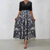 New women's clothing European and American printed medium and long dress splicing temperament commuter v-neck dress