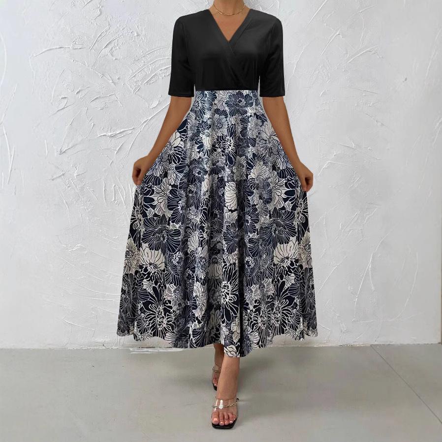 New women's clothing European and American printed medium and long dress splicing temperament commuter v-neck dress