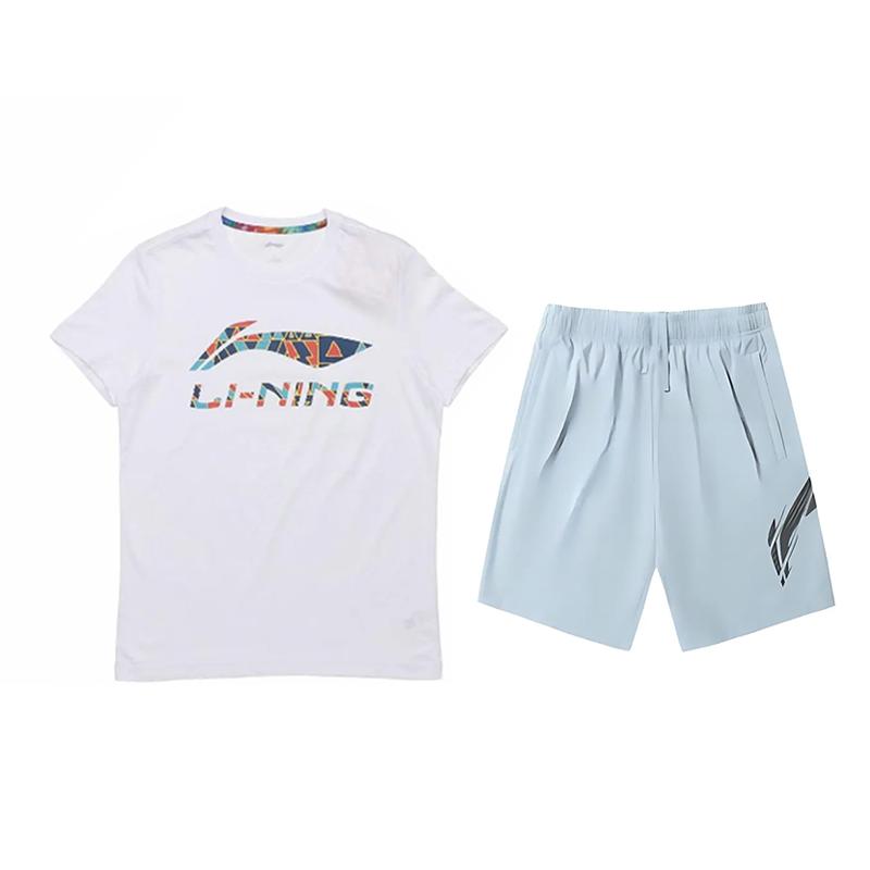 

Футболка с круглым вырезом и короткими рукавами с логотипом Li Ning, удобные шорты средней посадки, повседневный спортивный костюм, унисекс, комплекты AHSUA19-1+YKSV151-2 2XL