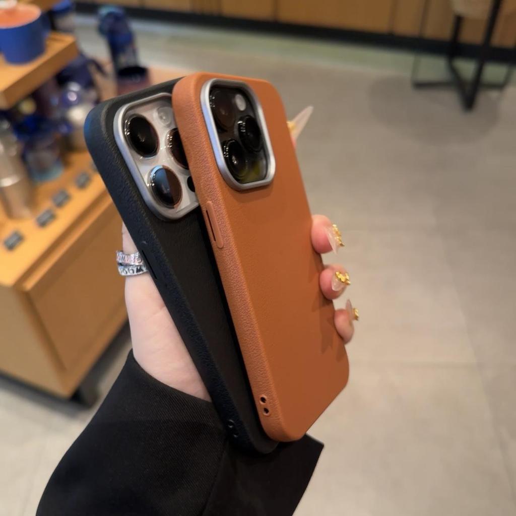 Advanced Solid Color Leather Pattern Electroplating Frame Mobile Phone Case Suitable for Iphone16promax Simple Apple 15 Protective Case 14