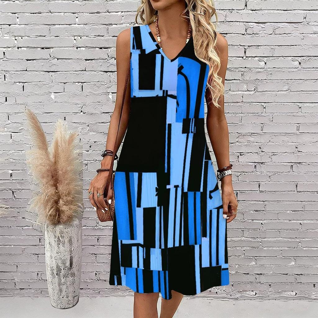 Plus Size V Neck Sleeveless Green Bamboo Brook Stone Path Print For Elegant Summer Holiday Wear