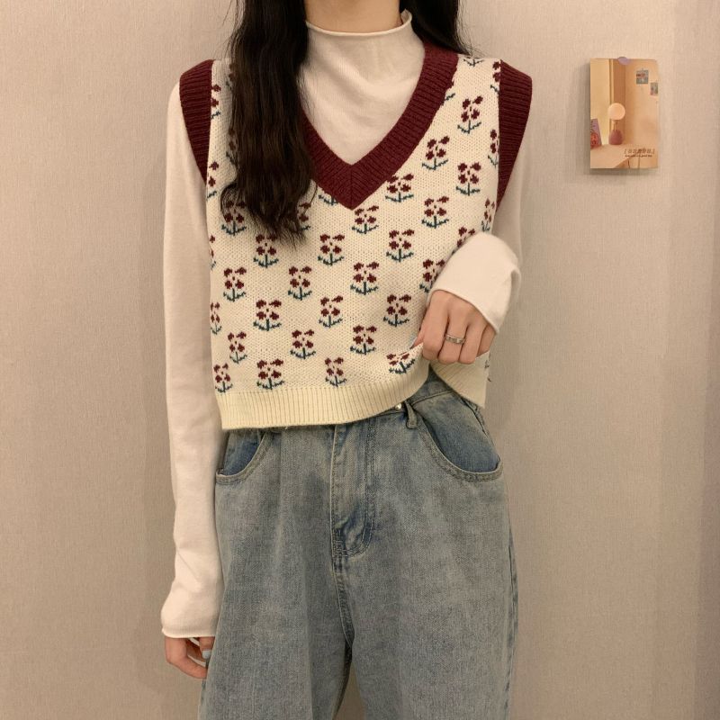 

Женский вязаный жилет, весна-осень, свитер без рукавов, короткий вязаный жилет с принтом L красный