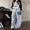 Unisex Loose Fit Streetwear Cargo Pants With Star Stripe Print Gray Wide Leg Trousers Dance Casual Wear