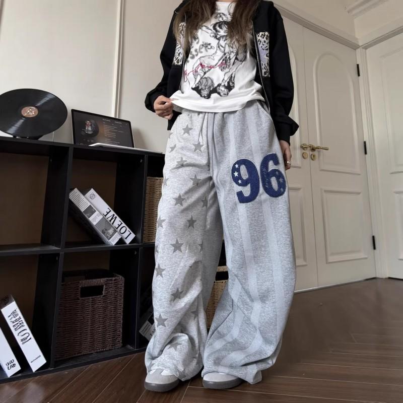 Unisex Loose Fit Streetwear Cargo Pants With Star Stripe Print Gray Wide Leg Trousers Dance Casual Wear