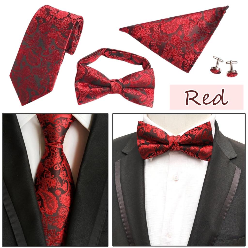 [LUNARI] Necktie, Bow Tie, Pocket Square, Cufflinks 4-Piece Set, Paisley Pattern, Men's Formal Wear, Gift, Red (Red)