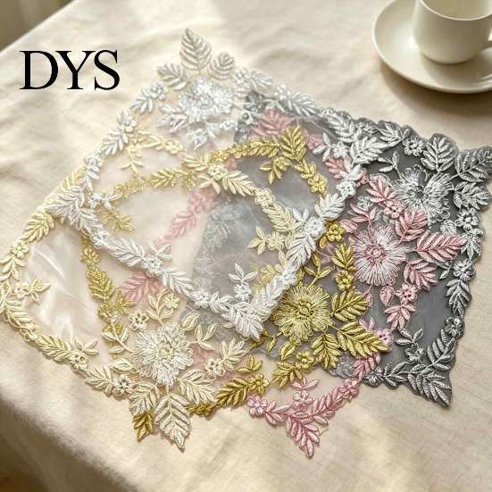 Photography Background Props Square Lace Placemat for Dining Table, Embroidered Mesh Heat Resistant Table Delicate Runners Mat, Retro Floral