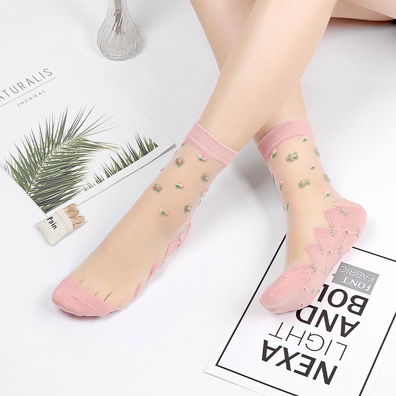 5 Pairs of Women's Spring and Summer Plus Cotton Bottom Floral Mesh Non Slip Crystal Silk Mid Tube Socks