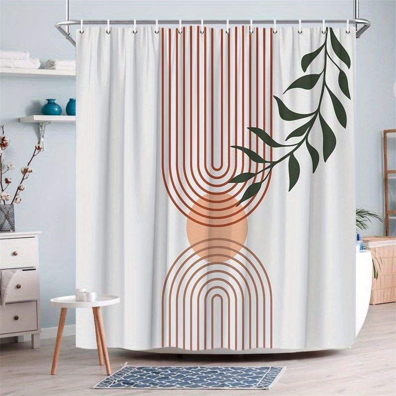 1 Peach Sphere And Leaf Pattern Shower Curtain With Hooks, Machine Washable, Polyester Fabric, Suitable For Modern Bathrooms