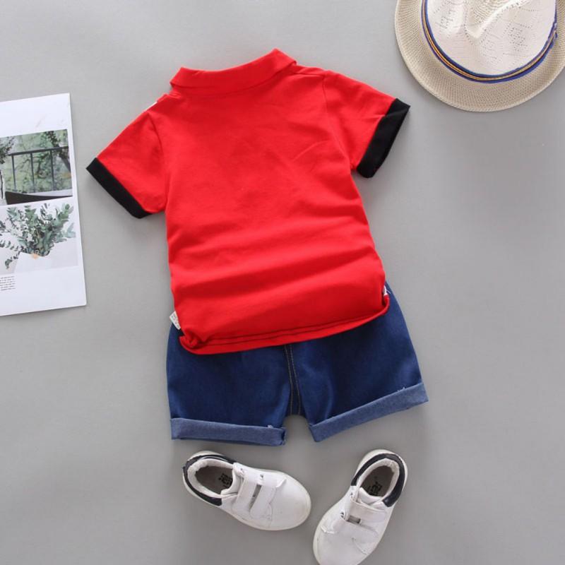 Baby gutter kortermet krone patchwork mønster T-skjorte bluse+denim shorts