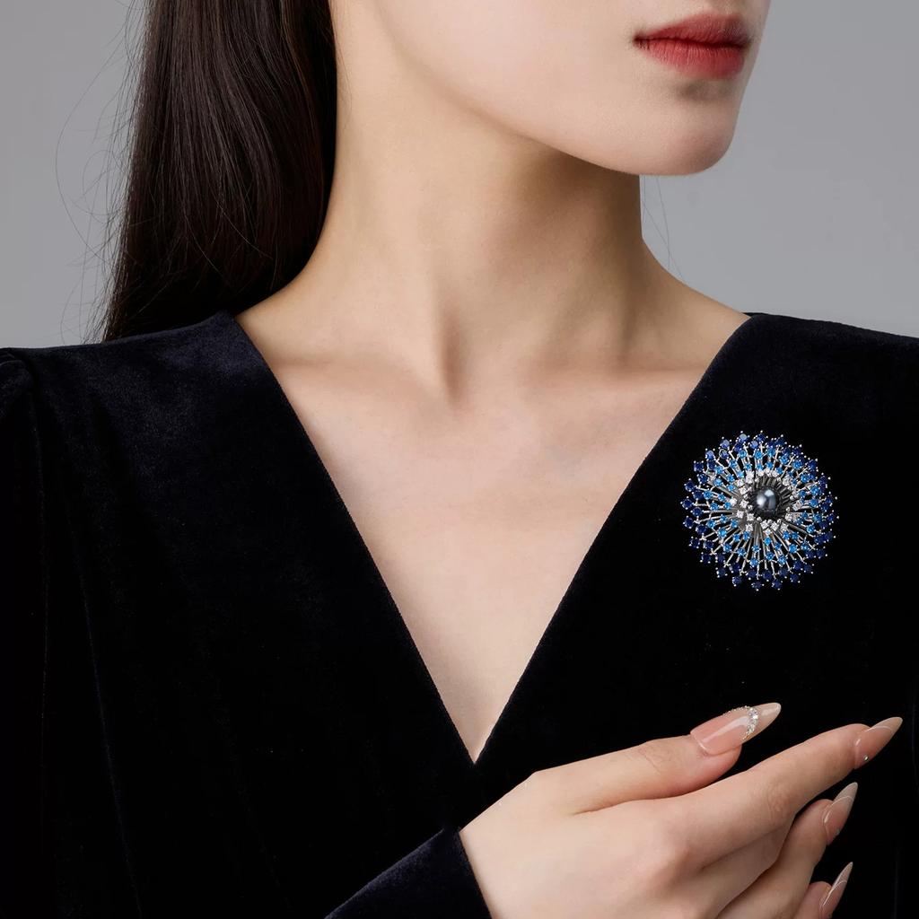 Full Diamond Fireworks Brooch, Large Pearl Brooch, Unique Design Pin