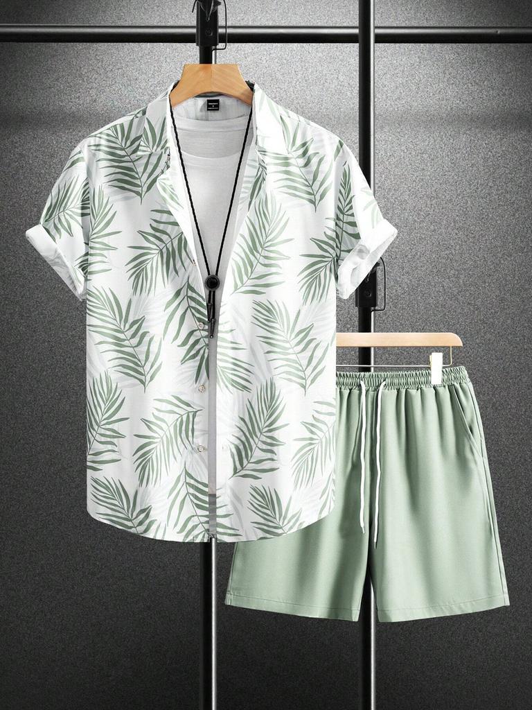 Summer Fashion Men's Suit Elegant Plant Printing Pattern Short-sleeved Lapel Shirt And Drawstring Shorts Leisure Two-piece Suit