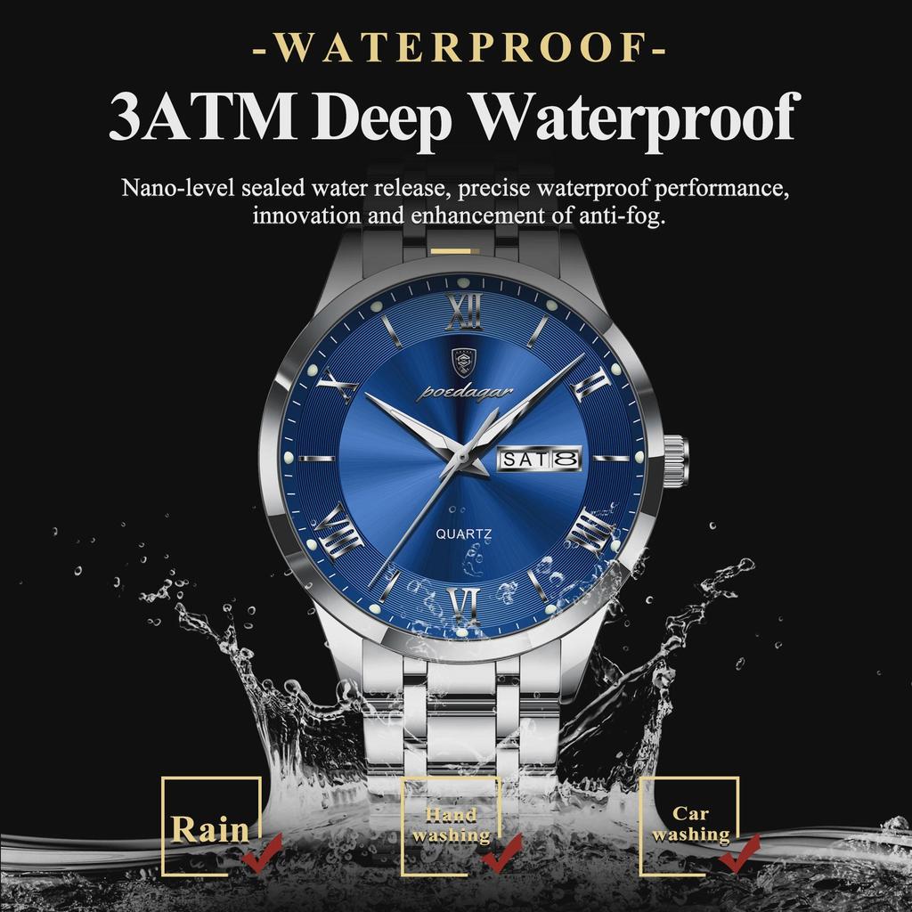 POEDAGAR Luxury Man Clock Waterproof Luminous Week Date Fashion Men's Wristwatch Stainless Steel Business Quartz Watches For Men