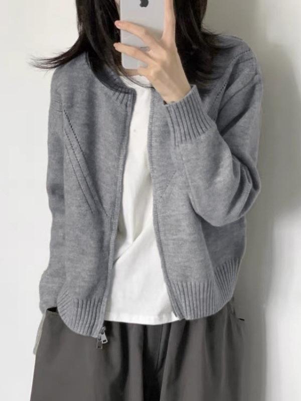Cardigan lavorato a maglia con doppia zip slim fit stile retrò 2026 - Giacca maglione casual da donna girocollo