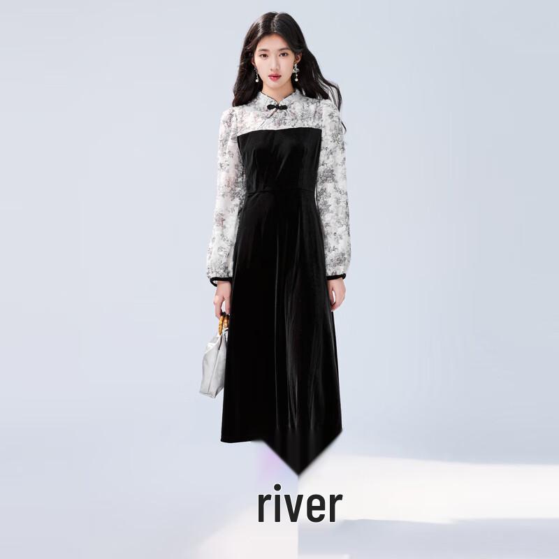 Qiusui Yiren New Chinese Style Patchwork A-Line Little Black Dress