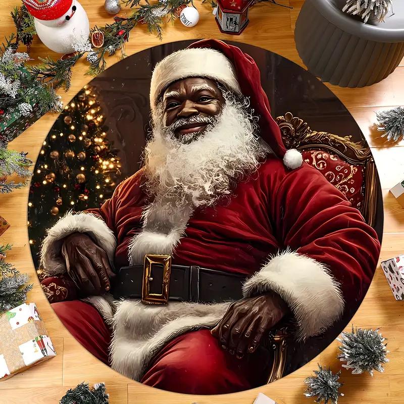 Christmas Santa Claus Round Carpet Living Room Bedroom Mat Festive Atmosphere Decorated Christmas Tree Home Rug Decoration