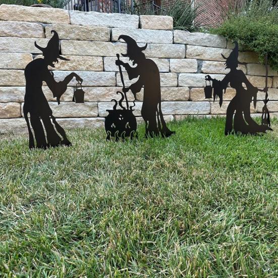 Yousheng 1/3Pcs Halloween Witch Decorative Garden Stake Weather-proof Metal Outdoor Patio Yard Lawn Spooky Witch Silhouette Sign Stake Ornament