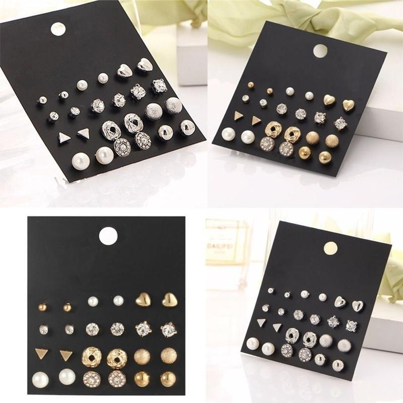 12 Pcs/Set Crystal Alloy Round Ball Gold Color Stud Earrings Vintage Silver Color Simulated Pearl Earring Set for Women