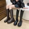 Damen-Ritterstiefel mit dicker Sohle 2024 Herbst und Winter neue lange Stiefel im britischen Stil V-Ausschnitt hohe Stiefel bis zum Knie vielseitig