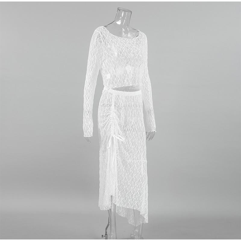 Spring and Summer Fashionable and Sexy 2-Piece Temperament Transparent Satin Lace Long Sleeved Top and Low Waist Skirt Set