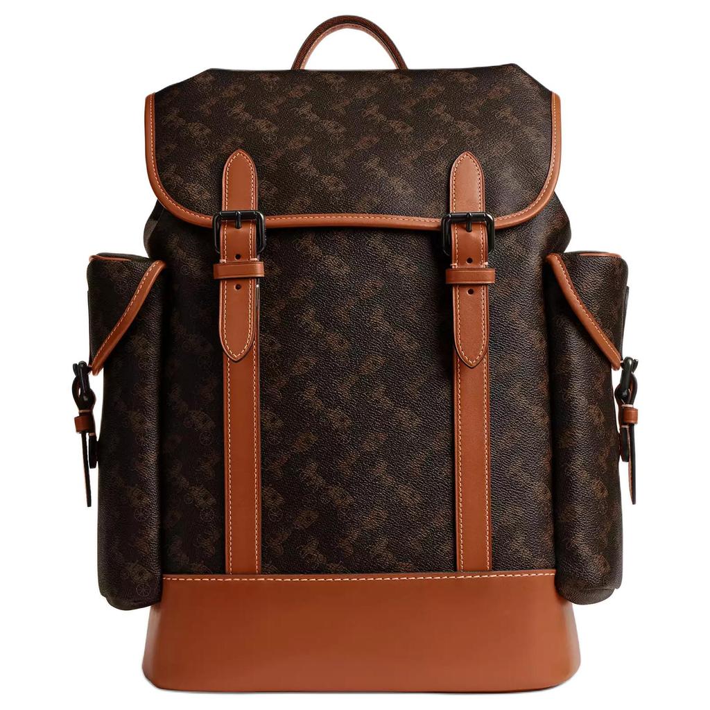 Coach Brown Signature Canvas Large Flap Backpack with Leather Trim for Daily Use & Travel