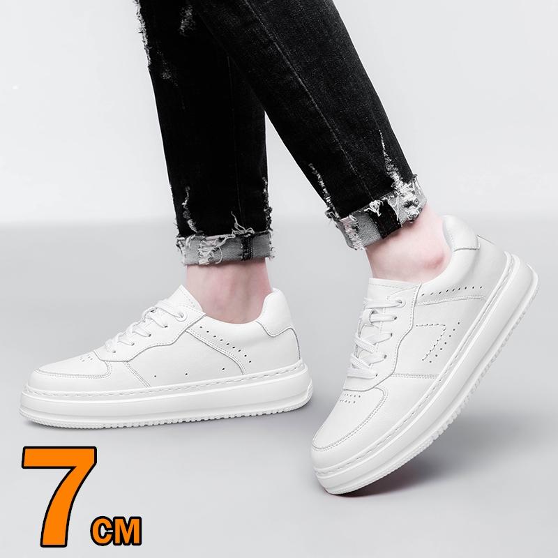 Men's Casual Leather Chunky Elevator Sneakers 7cm Height Increasing Shoes Breathable Comfortable Thick Soled Lift Sports