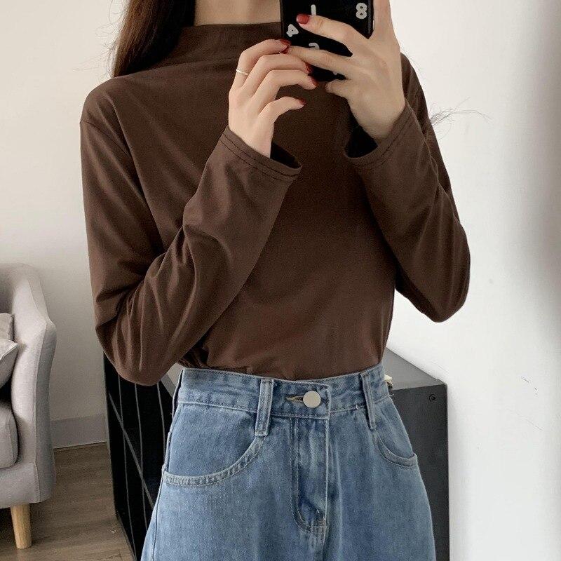 Langarm Shirt Bottom Frauen T-shirts Herbst Winter Mode Weibliche Beiläufige Dünne Hohe Elastische Mock Neck T-shirts Pullover Tops