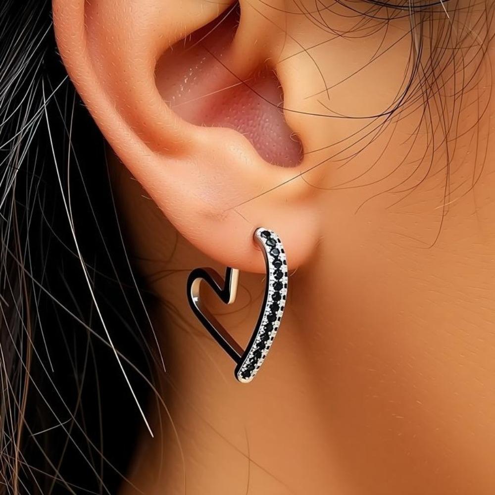 Heart Hoop Earrings with Black Zirconia Accents, Minimalist Ear Stud Design, Hypoallergenic Jewelry for Women