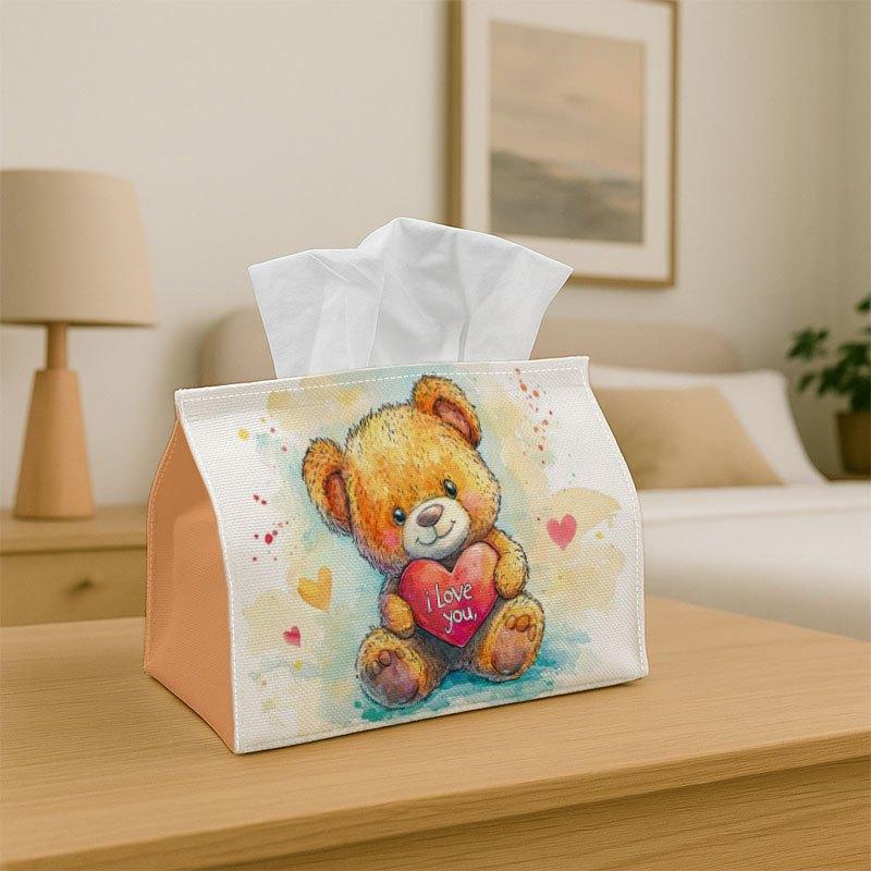 1pc Tissue Box Holder Features a Watercolor Illustration of an Adorable Teddy Bear Clutching a Heart. It Serves As a Multifunctional Napkin Dispenser