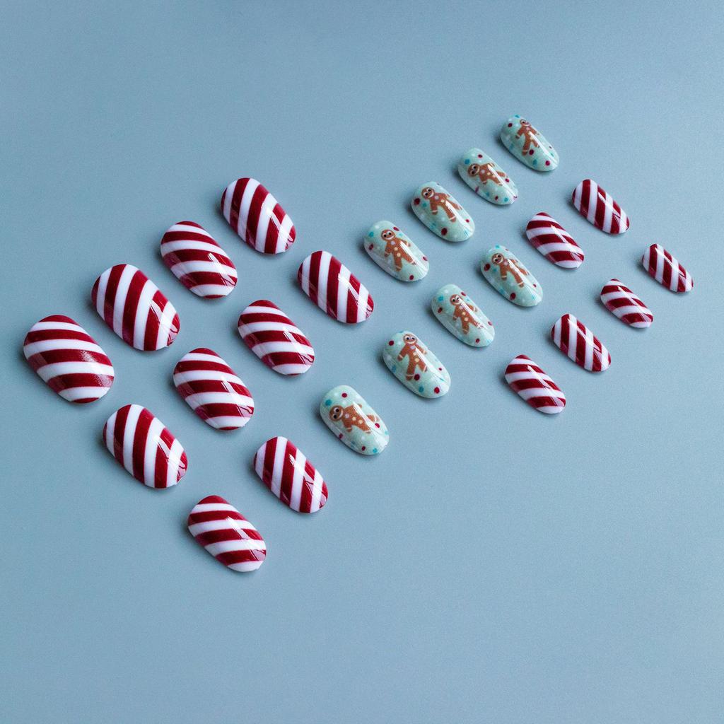 24 Pcs Press On Nails Gingerbread Man Candy Cane Christmas Design Holiday Patterns