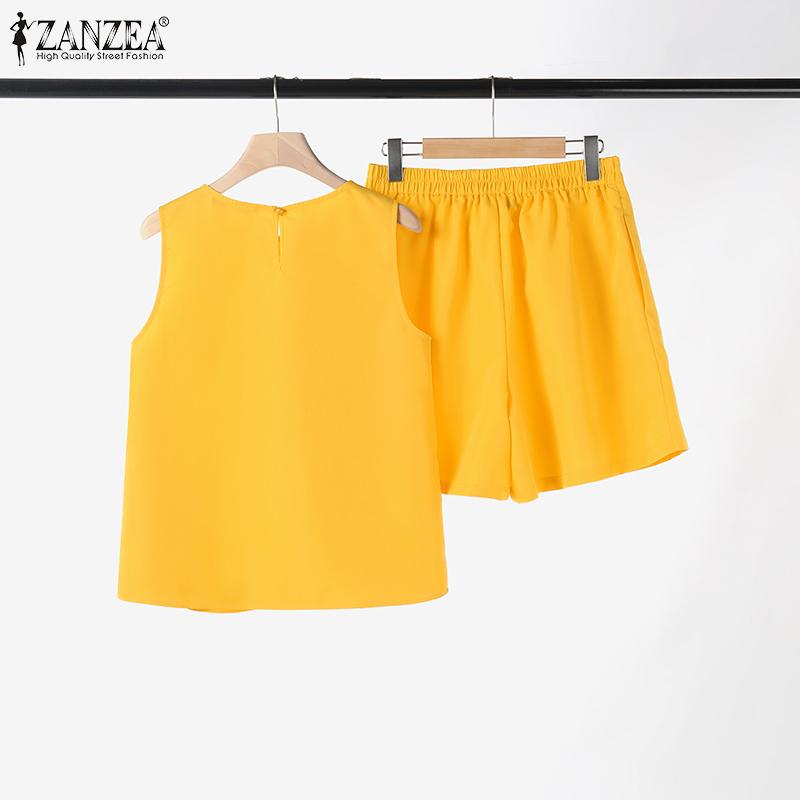 ZANZEA Ensemble deux pièces pour femmes, col rond, sans manches, poches à boutons, couleur unie, hauts et shorts amples, été