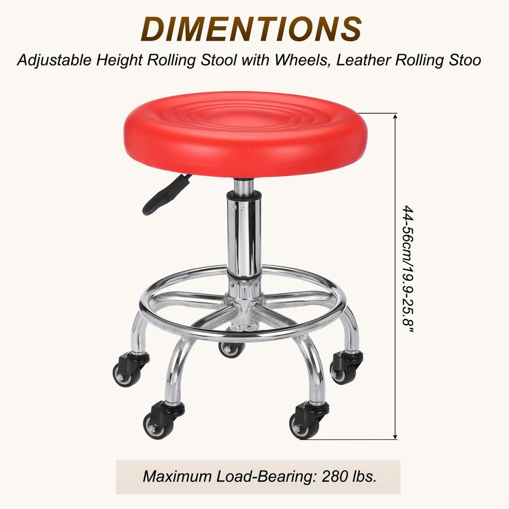 PATIKIL Rolling Desk Stool with PU Leather Round Rolling Desk Stool for Beauty and Office Red Height-Adjustable Casters, Tattoo, Massage, Salon, Spa,
