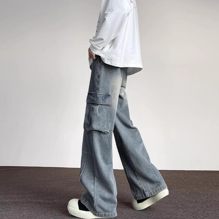 JYL Men's Cargo Jeans Autumn  Vintage Big Pocket Loose Wide-Leg Denim