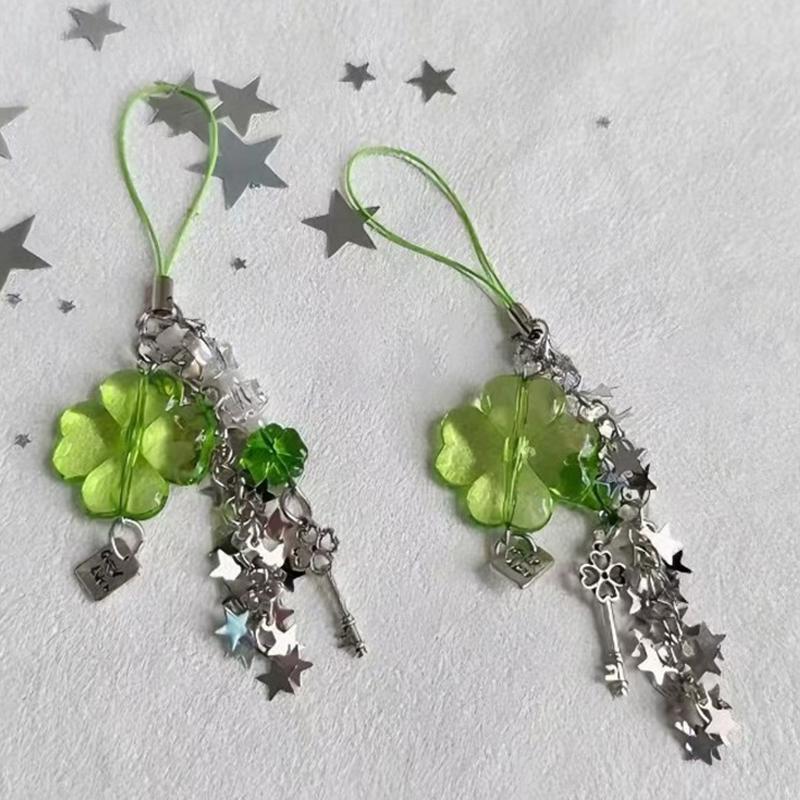 Glücksbringer Kleeblatt Handyanhänger Quasten Y2K Mädchen Handyseil Schlüsselanhänger Perlen Lanyard Handy Kette