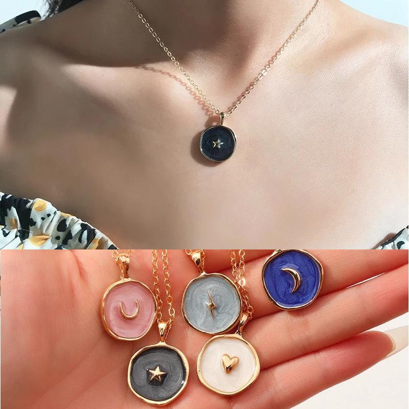 Modische Halskette mit Tropfenanhänger aus Legierung, Öl, Herz, Mond und Blitz, elegant, süß, rund, Partyschmuck für Damen, Geschenk