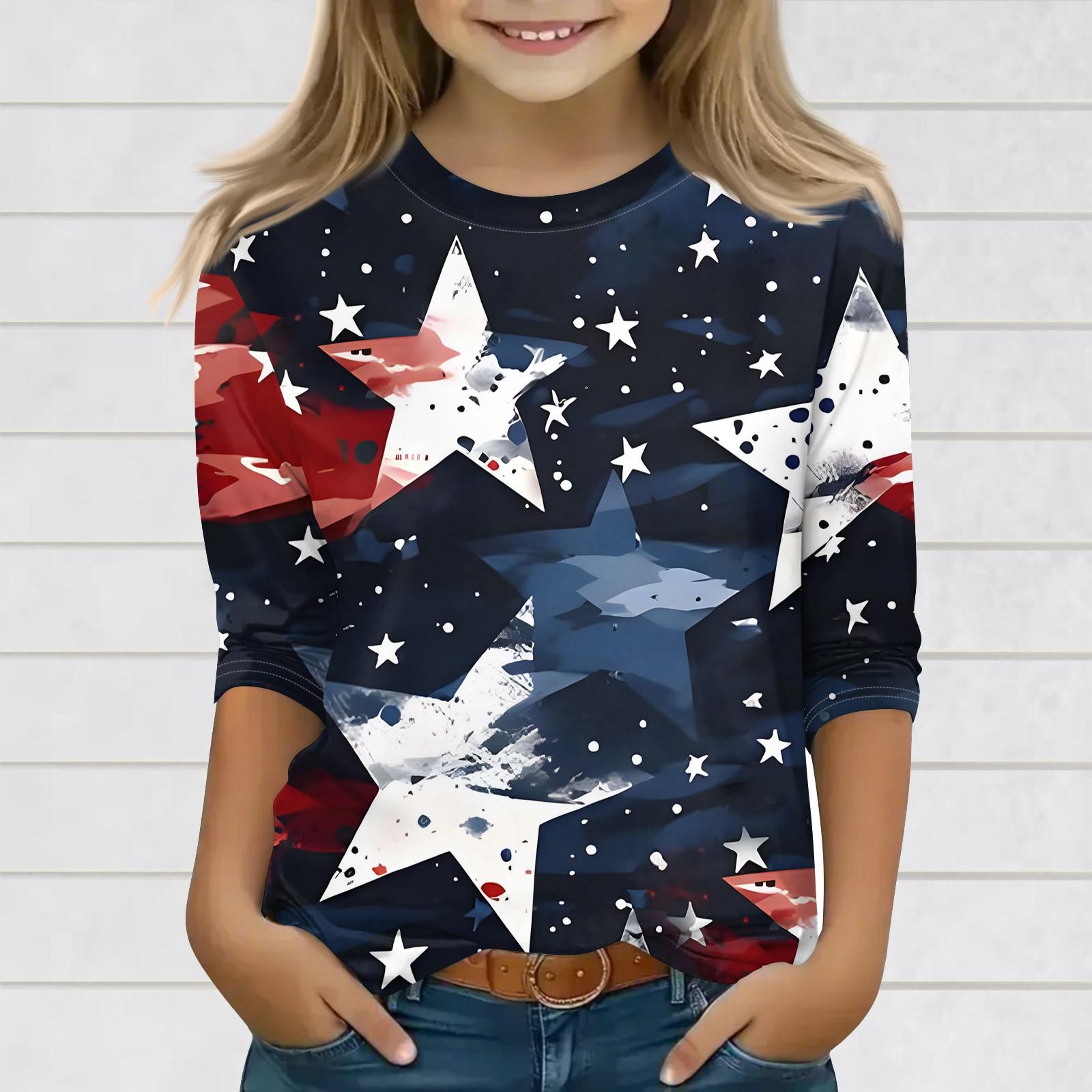 

Топы с принтом для девочек 3-10 лет с круглым вырезом и рукавами 3/4 Футболки Модные топы Наряды Футболки 150 тёмно-синий