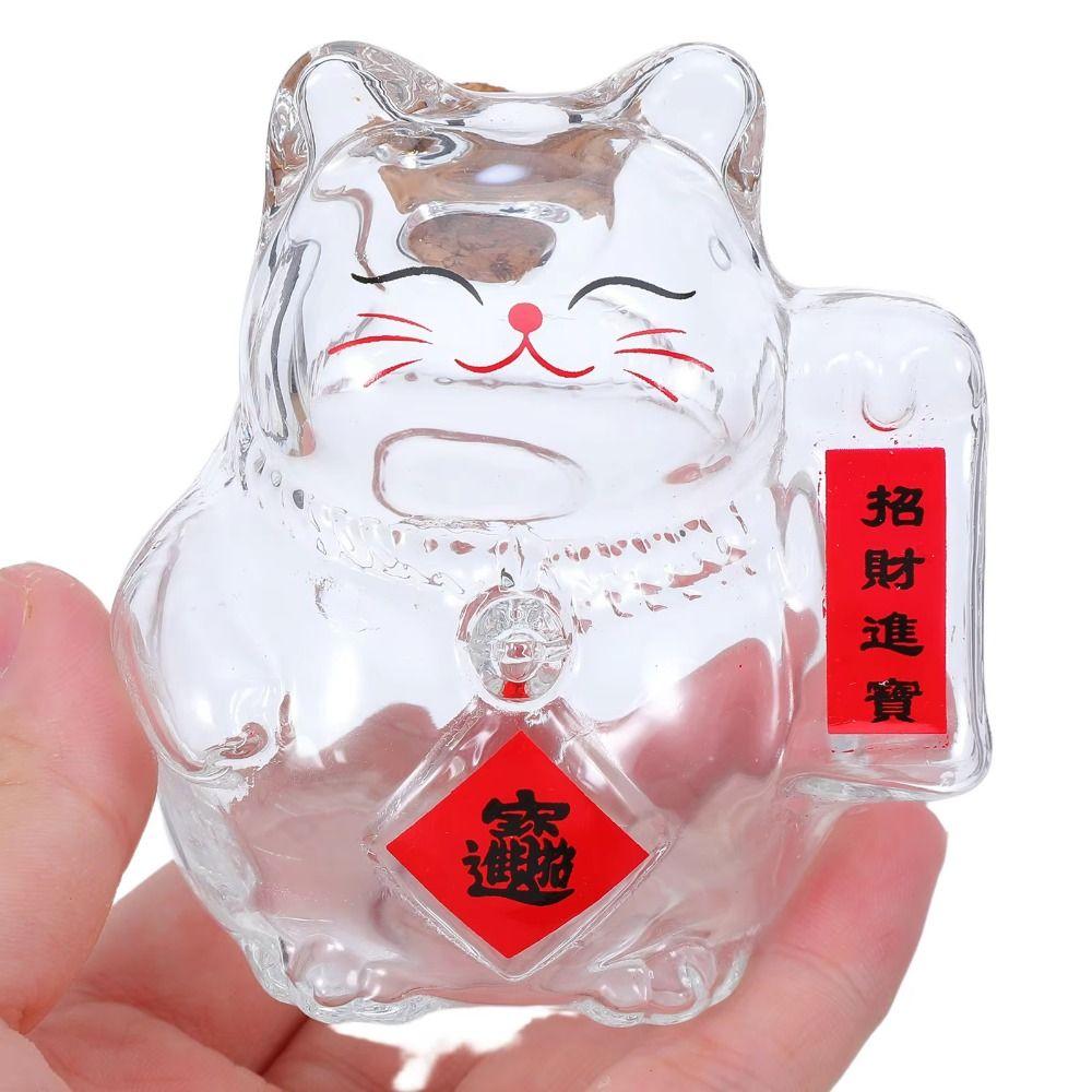 Cute Lucky Cat Piggy Bank Clear Glass Gold Bean Container Cat Shape Saving Jar  Office Decor