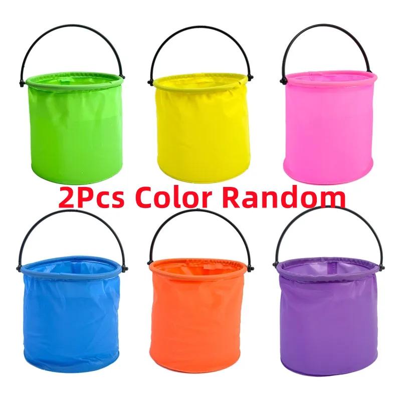 2Pcs Children's Outdoor Beach Toy Bucket Portable Folding Retractable Bucket Beach Playing Water Digging Sand Fishing Tool