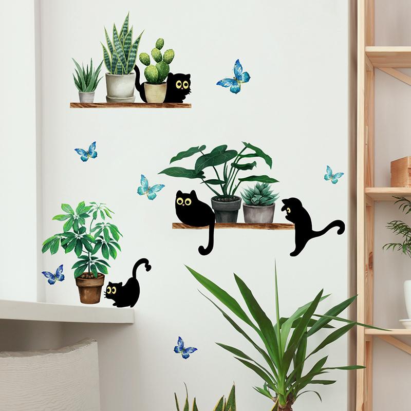 Green Plant Potted Black Cat Wall Sticker Living Room Background Decor Kitchen Home Decoration Self-Adhesive Decals