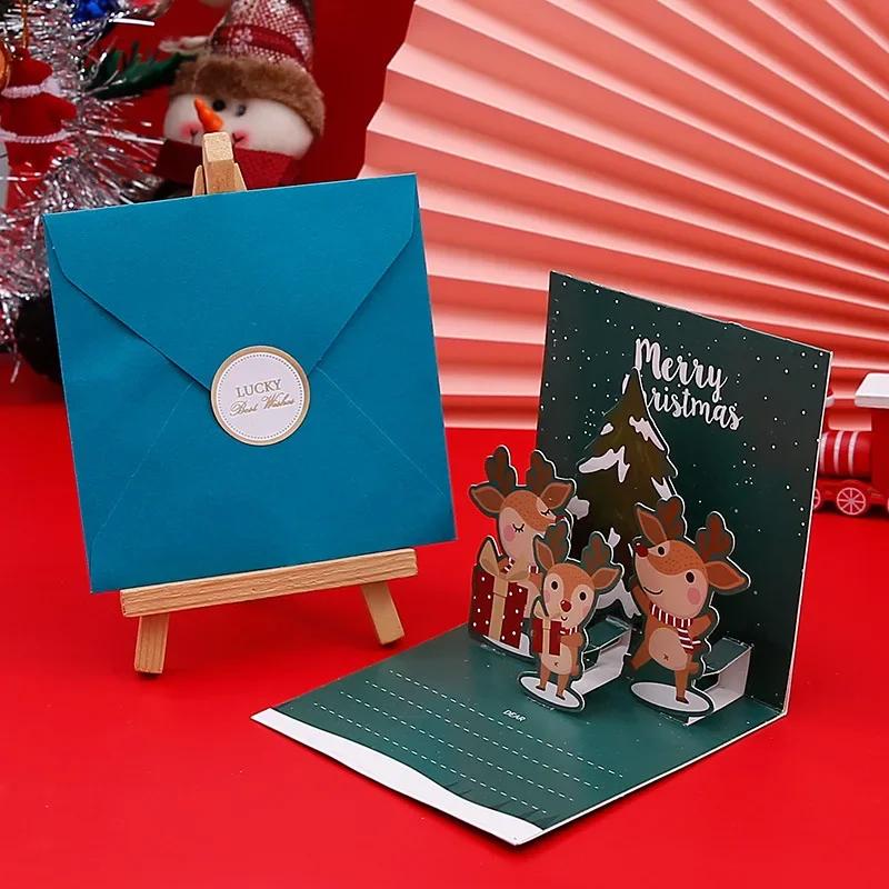 3D Pop Up Cartoon Christmas Card Merry Christmas Greeting Card Handwritten Blessing Invitation Cards Thanksgiving New  Gifts