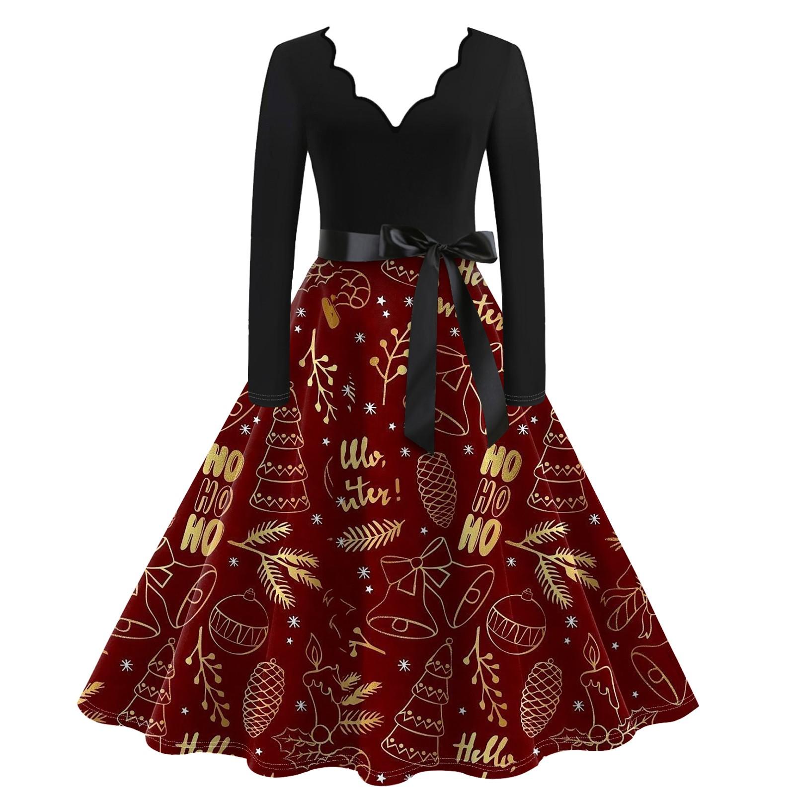 

Женское повседневное модное винтажное платье с V-образным вырезом и длинным рукавом с рождественским принтом S