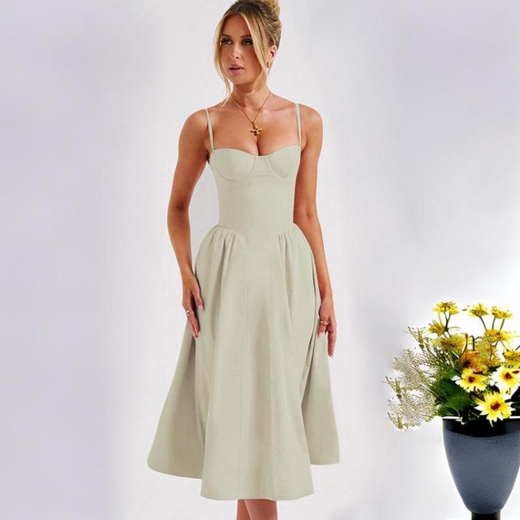 Women Print Dress High Waist Knee-Length Fashion Design Sense V-neck Backless Spaghetti Strap