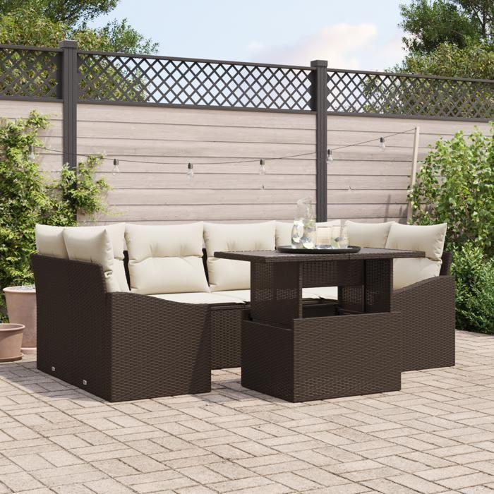 VidaXL Ensemble de canapés de jardin 7 pièces avec coussins Marron Poly Rattan 3348934