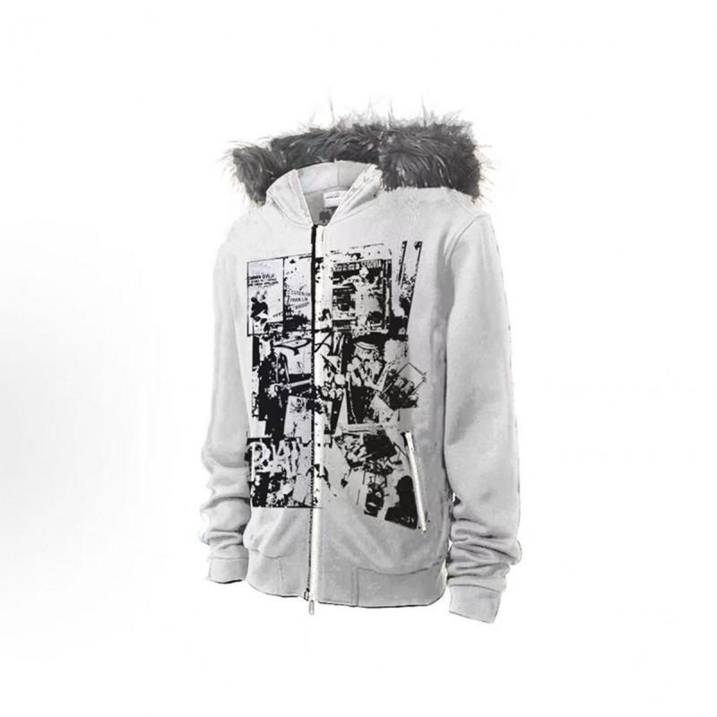Womens Oversized Hooded Zip-Up Sweatshirt With Faux Fur Trim Thick Fleece-Lined Winter Streetwear Top