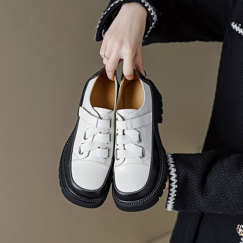 Fashion Spring/Autumn Women Shoes Split Leather Shoes Round Toe Lace Up Platform Shoes Color Mixed Thick Heel Loafers for Women Sneakers