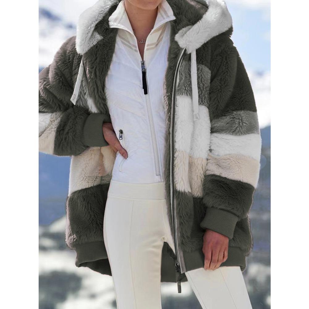 Damen Mehrfarbiger Flauschiger Kapuzenmantel, Lockere Warme Plüschjacke für Herbst Winter