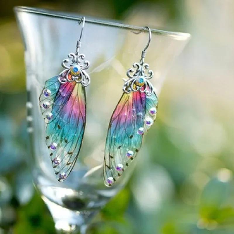Fantasy Neon Color Rhinestone Cicada Wings Earrings Trendy New Butterfly Gradient Pink Blue Sequins Long Drop Earrings Jewelry