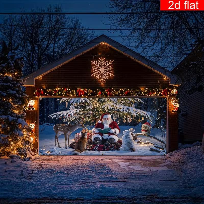 2D Flat Christmas Garage Door Cloth, Santa Reading To Cute Animals In Snowy Forest Scene Backdrop